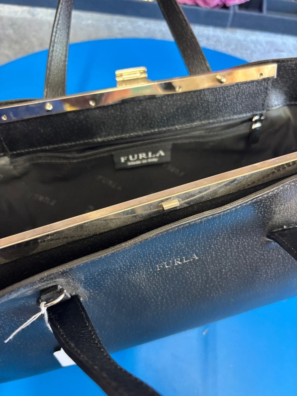Furla Black Leather Duffel Tote with Gold Hardware